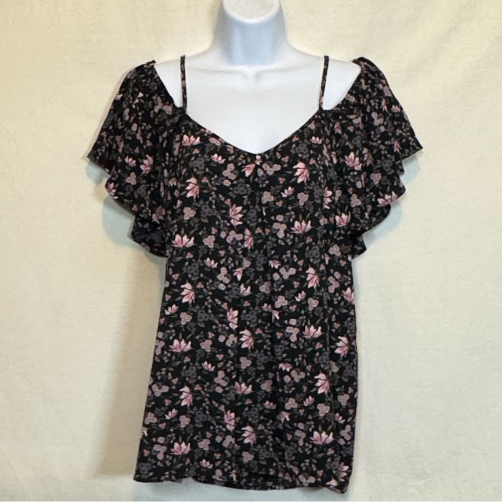 G-67 Blue Rain Black‎ & Pink Floral Cold Shoulder Short Sleeve Blouse Size S